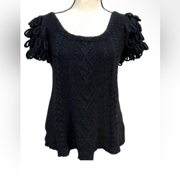 NAVY BLUE Anthropologie HWR Monogram Looped Epaulet Ecru Cable Knit Sweater Med - Picture 3 of 9